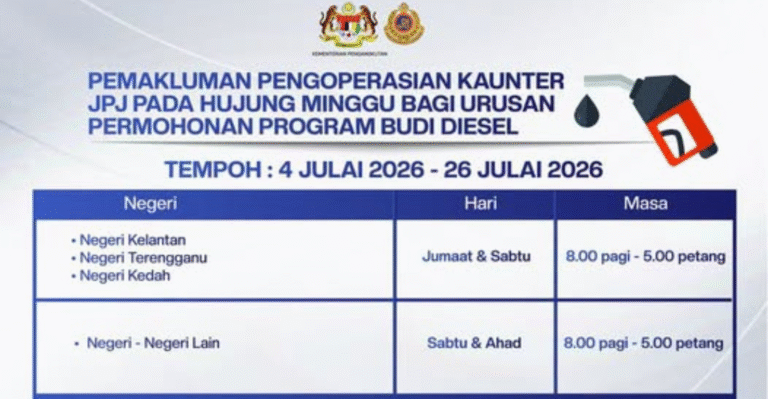 JPJ Buka Kaunter Hujung Minggu Sepanjang Julai Untuk Permohonan BUDI Diesel 2026