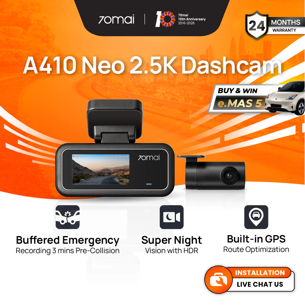 2026 NEW UPGRADE] 70mai A410 Neo Dashcam 2.5K + HDR | Dual Channel | Built-in GPS | Super Night Vision | Supercapacitor
